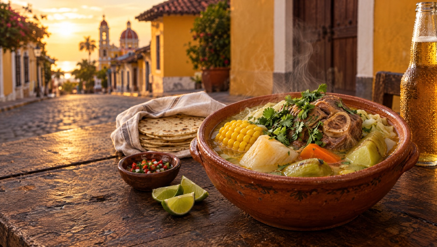 Sopa de res en tazón de barro sobre una mesa de madera en una calle colonial de Granada